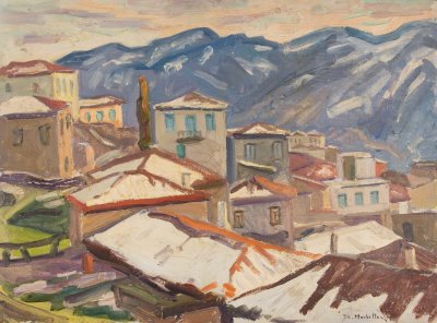 Arachova with Snow — Oil painting, Fiberboard, 45.00×60.00cm — Theodoros Markellos
